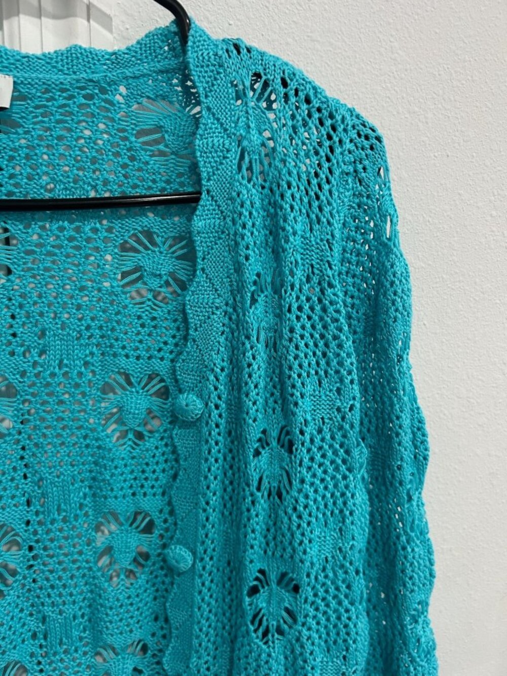 Joan Rivers 1X Turquoise Open Knit Cardigan Cable Eyelet Stitch Cozycore Boho - Picture 4 of 9